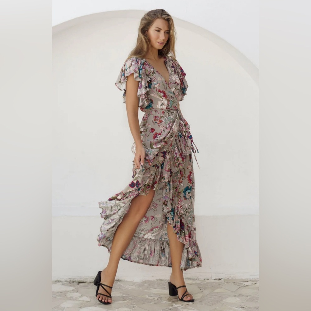 Bali Elf Carmen Wrap Beige Floral Maxi Dress Size Medium